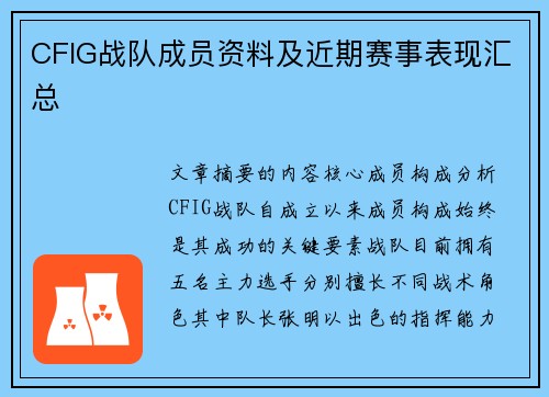 CFIG战队成员资料及近期赛事表现汇总